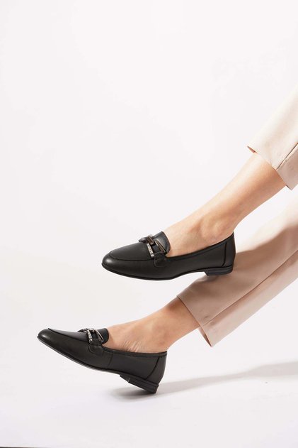 Ladever Stone Buckled Genuine Leather Women's Shoes Black Skin