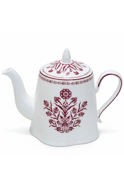 Luhpar Classic White Ceramic Tea Pot with Red Floral Design – 1000 ml Capacity