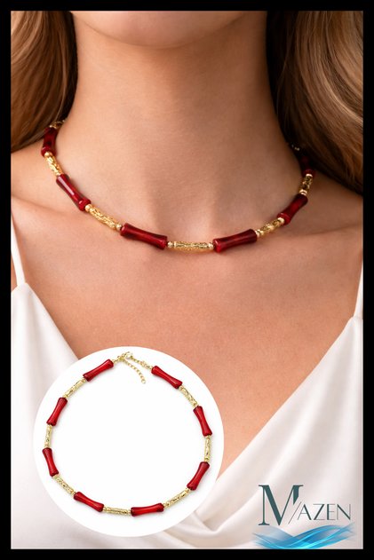 Bamboo Bone Bead Necklace 40+5 cm | Gold Detailed Bead Design Women's Necklace