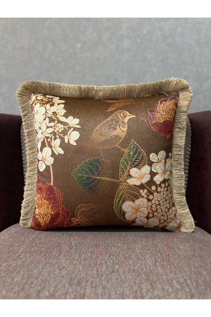 Blend-9372 Kahverengi Kuşlu Püsküllü İthal İpek Kadife Kırlent Kılıfı 43x43 Ölçü