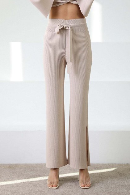 A.Beige Drawstring Waist Slit Corded Fabric Women's Knitwear Trousers