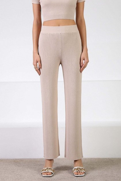 A.Beige Women's High Waist Corded Fabric Slim V Viscose Knitwear Trousers