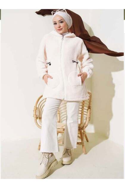 Women's Elastic Waist Plush Cardigan White