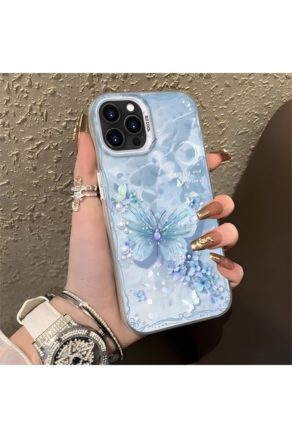 iPhone 13 Pro Max Compatible Butterfly Patterned Silicone Edge Hard Back Anti-Fall Phone Case