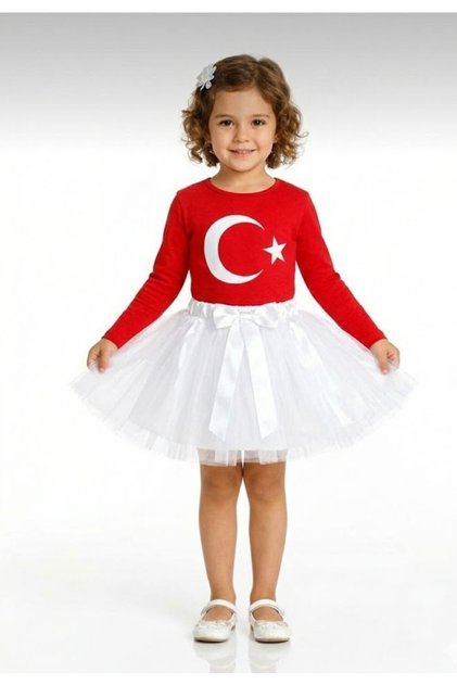 Girl's 23 April 29 October Performance Outfit, Star and Moon Long Sleeve Red T-Shirt, White Tutu Skirt Set