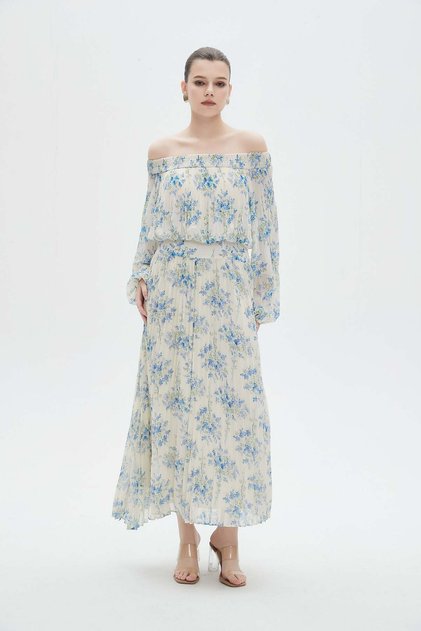 Off-shoulder long wide sleeve floral pleated midi dress