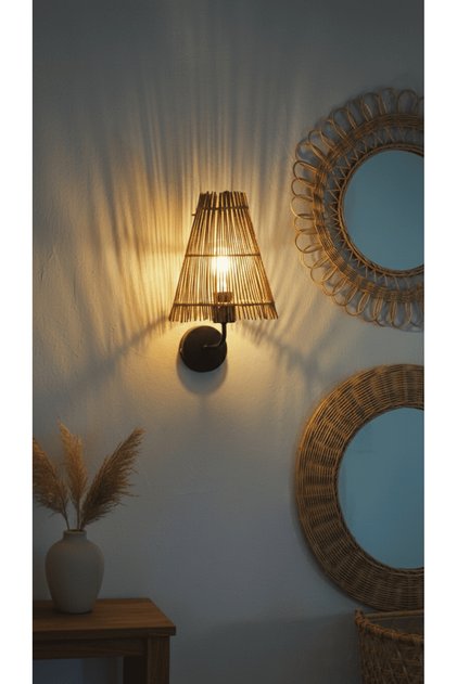 Palm Rattan Sconce - Natural Pine Bark Painted Handmade Wall Lamp