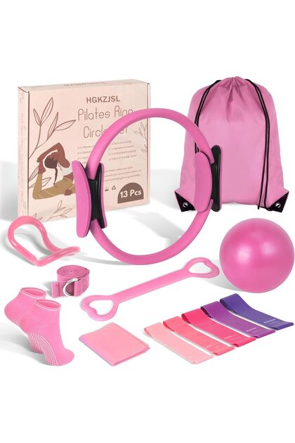 Home Pilates Essentials Kit for Women, 13-Piece Equipment Set with Yoga Ball, Pink