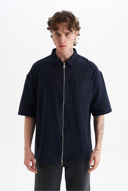 Linen Blended, Comfortable Fit, Drop Shoulder, Men's Zipper Closure Plain Shirt, Men's Plain Shirt