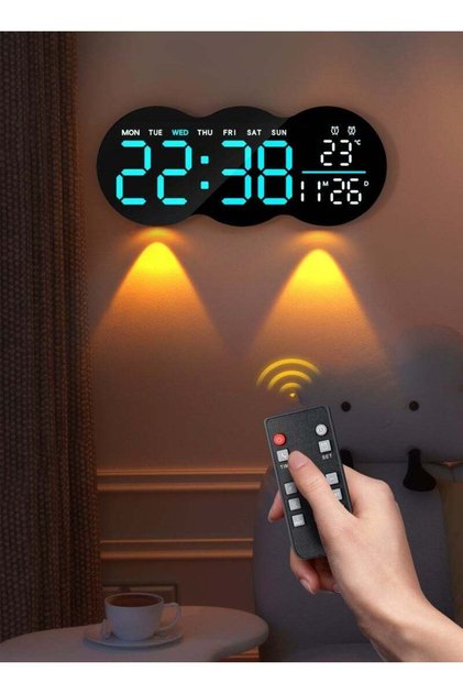 ساعة حائط رقمية، شاشة LED مع جهاز تحكم عن بعد ومؤشر درجة الحرارة، لغرفة معيشة عصرية