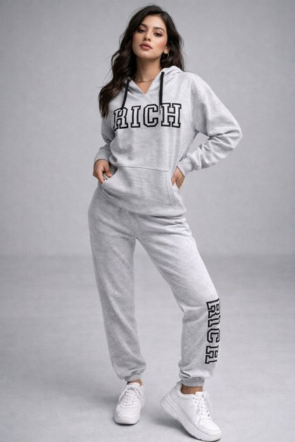 Women's Gray Melange 100% Cotton Printed Tracksuit Set