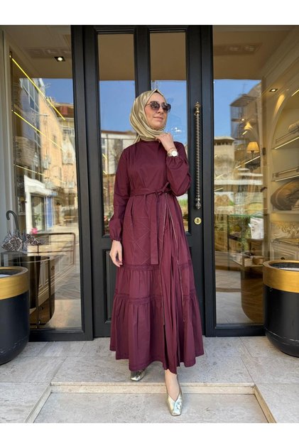 39807 Fermuar Detay Kadın Elbise Bordo