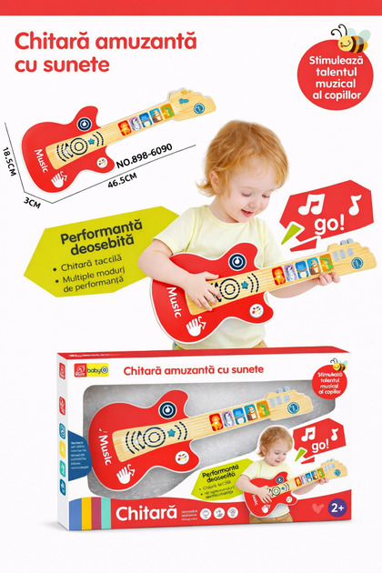 Chitara Muzicala Interactiva cu Lumini si Sunete, Rosu, Jucarie Muzicala Copii 6+ Luni