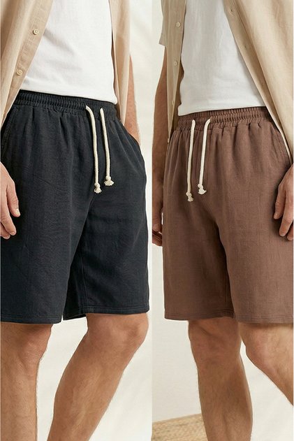 Men's 2-Pack Black-Brown 100% Cotton Linen Muslin Shorts Comfortable Fit Summer Fabric Back Pocketed