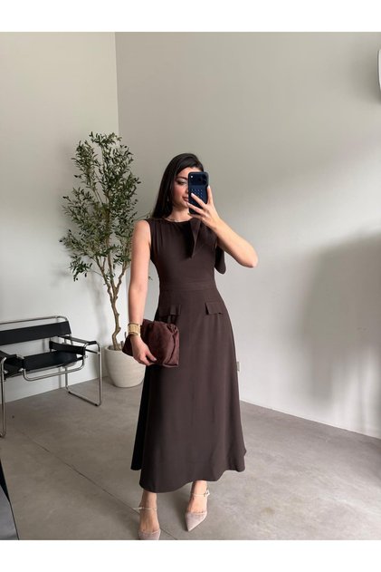 Coffee Shoulder Detail Flared Dress