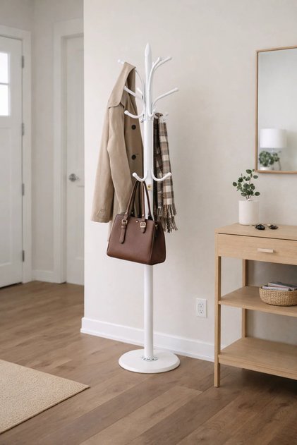Modern White Metal Coat Rack Stand with Multiple Hooks