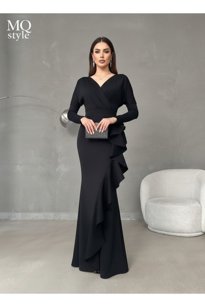 فستان سهرة "فيولا" الطويل بفتحة V وتفاصيل الكشكشة الانسيابية من style