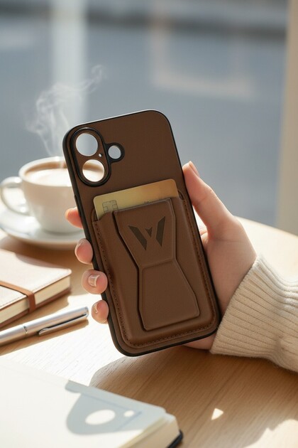 İphone 17 Kartlıklı Standlı Suni Deri BTU Silikon Kapak