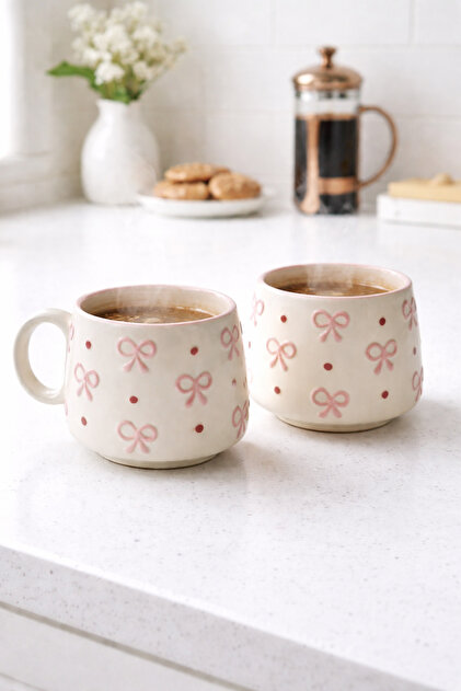 2-Piece Aesthetic Pink Bow Ceramic Mug Decorative Coffee Tea Cup | Cute Gift Mug