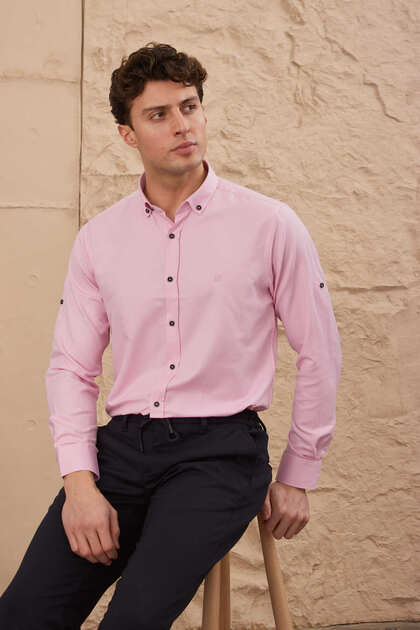slim fit cu model Cămașă sport cu mânecă lungă pentru bărbați, cu nasturi la guler