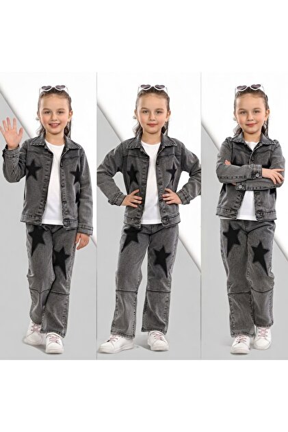 Kız Çocuk 3'lü Kot Takım Ceket Pantolon (Jean) Tişört