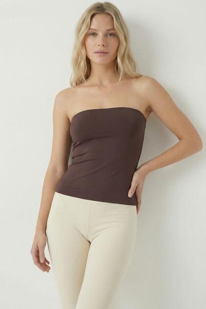Coffee Slit Strapless Blouse 9008