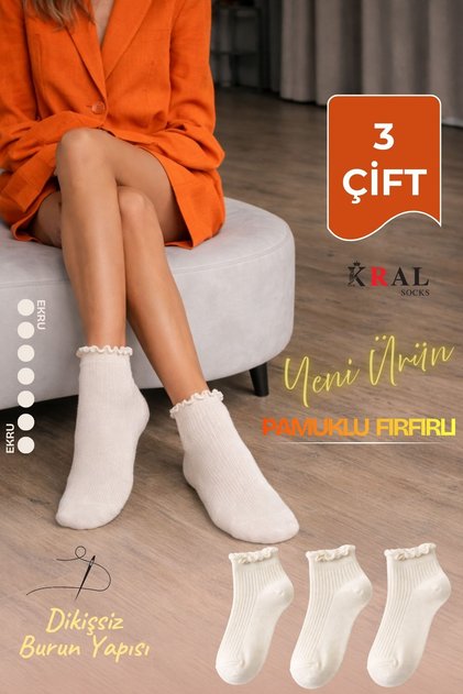 3 Çift Pamuklu Fırfırlı Kadın Patik Çorap – Dikişsiz Burun