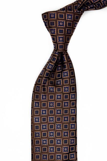 Brown Motif Pattern Classic Tie with Handkerchief Kk13631