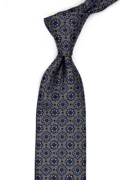Beige Motif Pattern Classic Tie with Handkerchief Kk13564