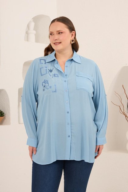 Embroidery Detailed Side Detail Slit Plus Size Shirt Baby Blue