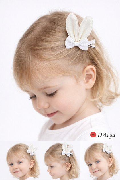 D’Arya White Glittery Long Rabbit Ear Bow Girl's Hair Clip Party Birthday Dd758