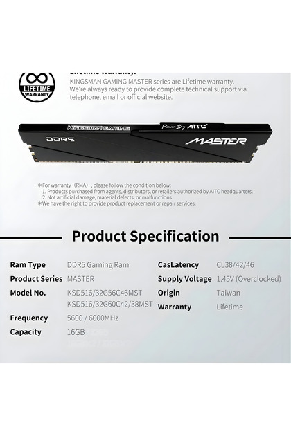 Kingsman Gaming DDR5 16GB 6000MHz CL38 Gaming RAM Intel XMP AMD