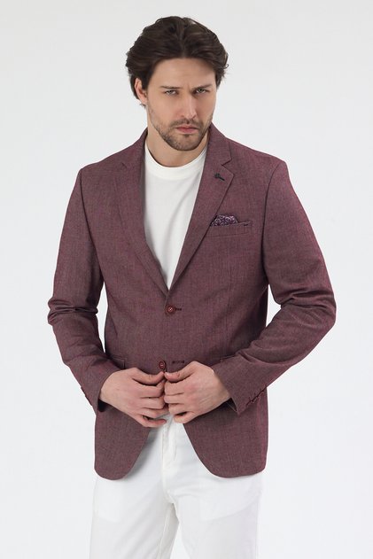 Adelmiro Men's Burgundy Summer Mono Collar Slim Fit Linen Look Blazer Jacket