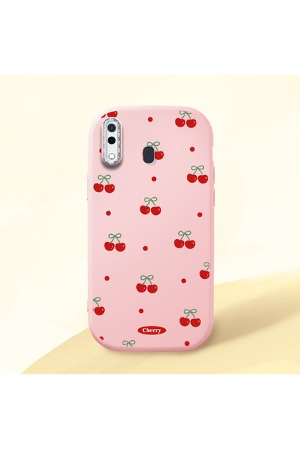 Samsung Galaxy A20 Compatible Shock-Absorbing Camera Protected Pink Silicone Case Cherry Patterned