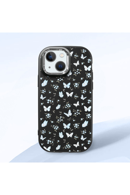 iPhone 13 Mini Compatible Shock-Absorbing Camera Protected Black Silicone Case Butterfly Patterned