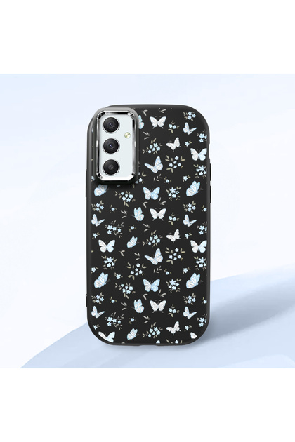 Samsung Galaxy A34 Compatible Shock-Absorbing Camera Protected Black Silicone Case Butterfly Patterned