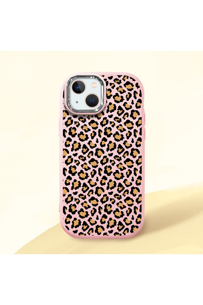 iPhone 13/14 Compatible Shock-Absorbing Camera Protected Pink Silicone Case Leopard Printed I
