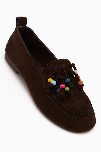 Benita Genuine Leather Brown Bead Detailed Tasseled Loafers Women's Casual Shoes