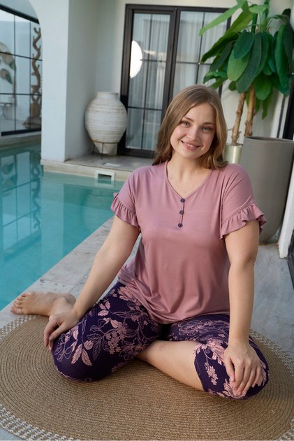 Pudra Ring Viskon Kısa Kol Büyük Beden Kapri Pijama Takım