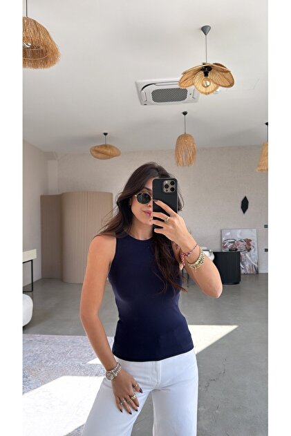 Navy Blue Halter Neck Cotton Tank Top