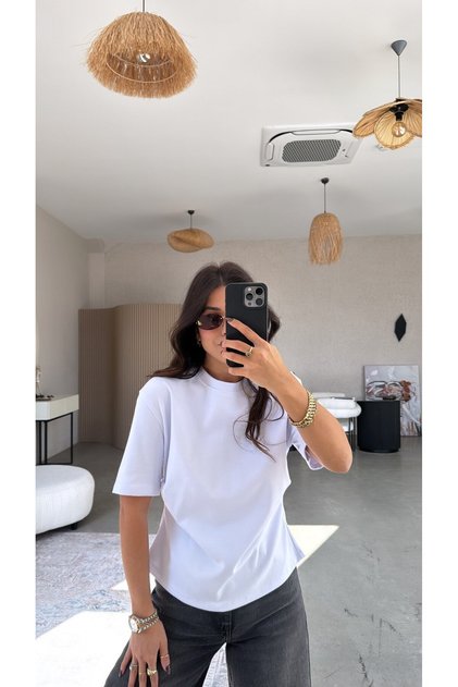 White Back Slit Detailed Detail with Buckle Texture Cotton Basic