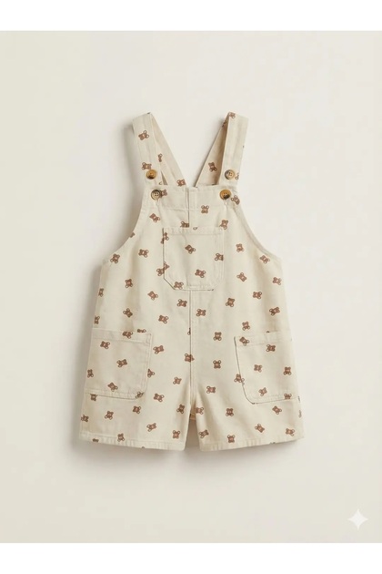 Teddy Bear Patterned Straps Beige Boy's Salopet