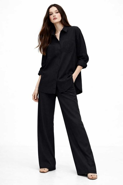 Eyelet Embroidery Pocketed Shirt and Pants Set