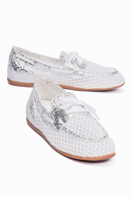 Pantofi de damă din plasă argintii loafers cu șireturi, casual balerini Lilia White
