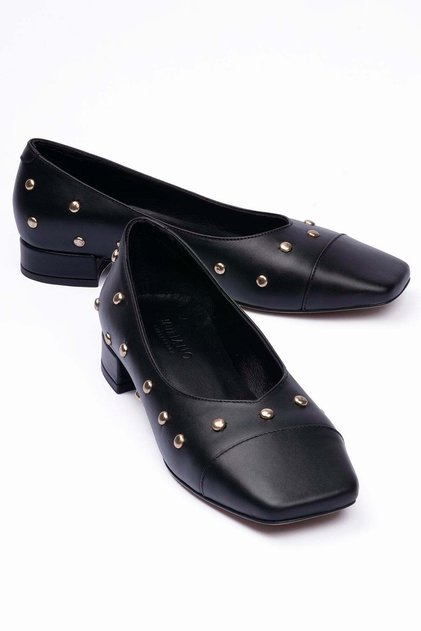 Women's Genuine Leather Ballet Flats Square Toe Metal Trop Detailed Minora Black