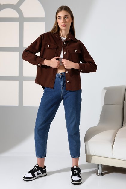 Women's Oversized Khaki Utility Shirt Jacket Double Pocketed Modern Style Bnj-654