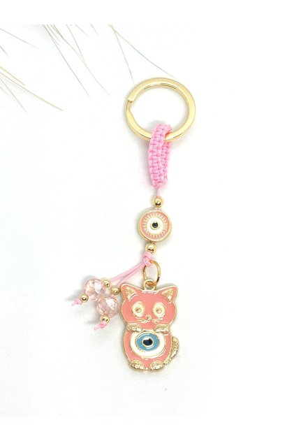 Pink Cat Metal Keychain, Luck Keychain, Metal Evil Eye Bead Keychain
