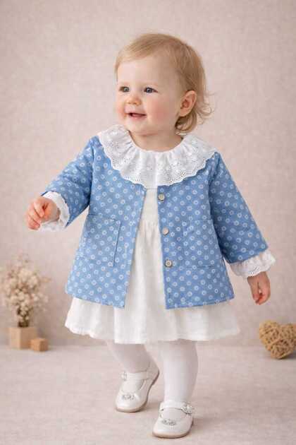 Baby Girl Patterned Muslin Dress with Lace Collars, Stylish Holiday Dress with Jacket Set