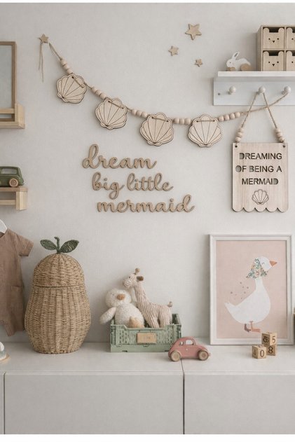 Deniz Kızı Konsept Çocuk Odası Dekor Seti – Dream Big Little Mermaid Yazı + Banner + Flama