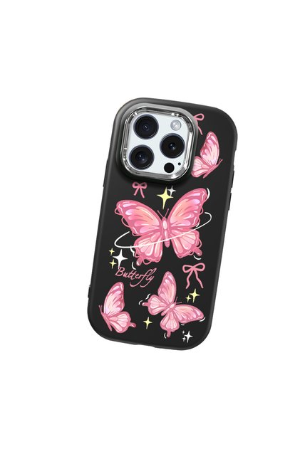 iPhone 15 Pro Compatible Camera Protected Black Soft Silicone Phone Case Butterfly Patterned